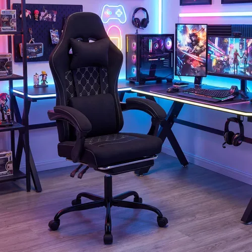 Vista 9 de Giantex Silla de juegos, silla ergonómica para computadora con reposacabezas, soporte lumbar, reposabrazos de conexión, respaldo reclinable