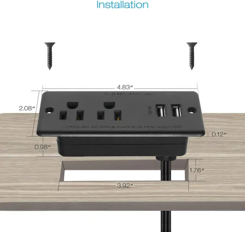 Vista 5 de Regleta de Corriente Empotrada con Enchufe Plano, Toma de Escritorio con USB, Toma de Conferencia Certificada por ETL con 2 Enchufes de CA, 2