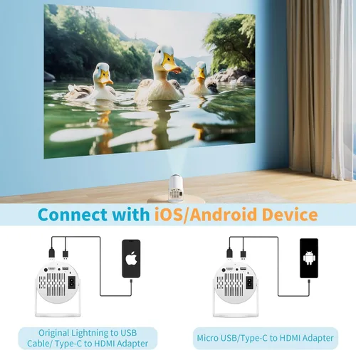 Vista 4 de Mini proyector portátil compatible con 4K, proyector pequeño Full HD 1080P con soporte giratorio de 270°, proyector de película compatible con TV