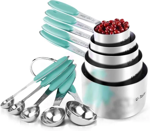 Tazas medidoras: U-Taste Juego de 10 tazas y cucharas medidoras de acero inoxidable 18/8, mango de grosor mejorado (color azul cielo)