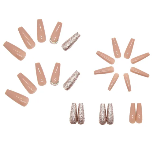 Vista 3 de BABALAL Uñas postizas brillantes a presión, largas con forma de ataúd, cobertura completa, uñas adhesivas brillantes, uñas postizas nude