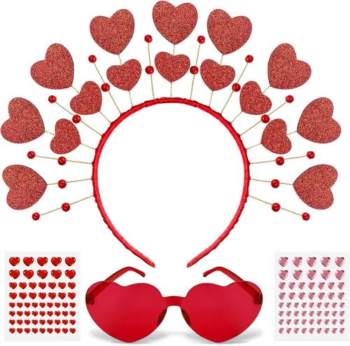 Vista 2 de Bnikion Diadema de corazón rojo, diadema para el día de San Valentín y lentes de sol de corazón con gemas de corazón rojo y rosa para mujeres