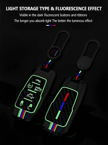 Vista 7 de para Dodge Ram 1500 Funda y Carcasa para Llavero de Metal Soporte de Llave Inteligente Protector, Fibra de carbono, 4 botones, Moderno