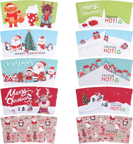 Vista 4 de Fundas navideñas para tazas de café, 120 unidades, chocolate caliente, cacao, fundas de papel para tazas de papel, doble capa protectora, bebidas