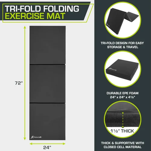 Vista 2 de ProSource Tri-Fold Folding Thick Exercise Mat 6’x2’ with Carrying Handles for MMA, Gymnastics, Stretching, Core Workouts