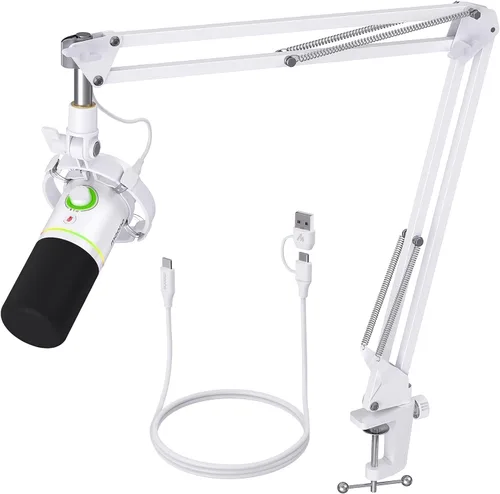 MAONO Kit de micrófono dinámico XLR/USB, micrófono de podcast RGB con software, silencio, perilla de ganancia, control de volumen, brazo de brazo