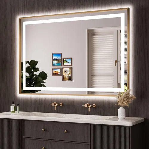 Vista 47 de Amorho Espejo de baño LED de 20 x 28 pulgadas con marco negro, luz frontal y retroiluminación, regulable continuamente, antivaho, a prueba