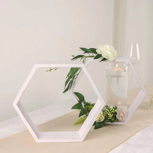Vista 2 de Efavormart - Juego de 2 centros de mesa hexagonales de madera encalada de 9 pulgadas, terrario geométrico, estante de almacenamiento de panal