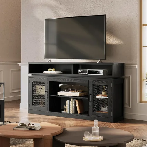 Vista 2 de WLIVE Soporte de TV de granja para TV de 65 pulgadas, centro de entretenimiento alto con armarios de almacenamiento, mueble de TV con consola