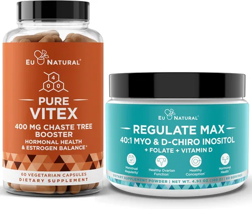 Vitex Chasteberry Cápsulas & Regulate Max Myo-Inositol D-Chiro Inositol Polvo – PMS natural y apoyo de fertilidad, equilibrio hormonas, ciclo
