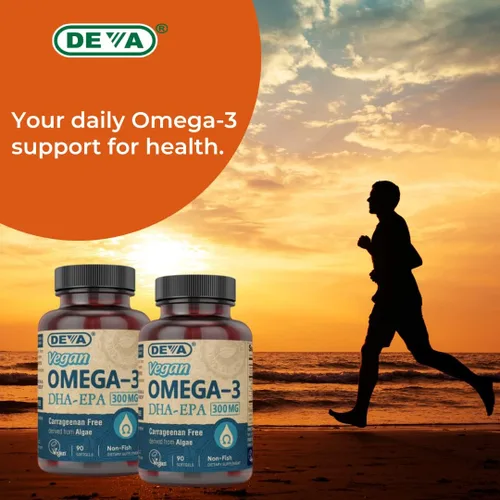 Vista 6 de DEVA Vegano Omega-3 DHA-EPA 300 mg - Sin carragenina, aceite de pescado derivado de algas, sin OMG, 90 cápsulas blandas sin gelatina