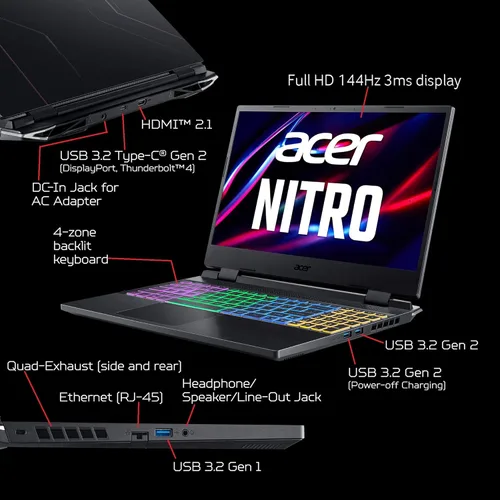 Vista 5 de acer Nitro 5 AN515-58-725A - Laptop para juegos Intel Core i7-12700H GPU NVIDIA GeForce RTX 3060 Pantalla IPS FHD de 15.6 pulgadas 144Hz 3ms