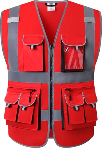 Vista 22 de JKSafety Chaleco de seguridad de color negro con 10 bolsillos, cremallera frontal, con tiras altamente reflectantes, cumple con las normas ANSI/ISEA