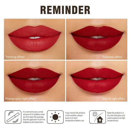 Vista 8 de Lápiz labial rojo de larga duración, pintalabios líquido mate para mujeres sin transferencia, a prueba de manchas, suave y fácil de aplicar