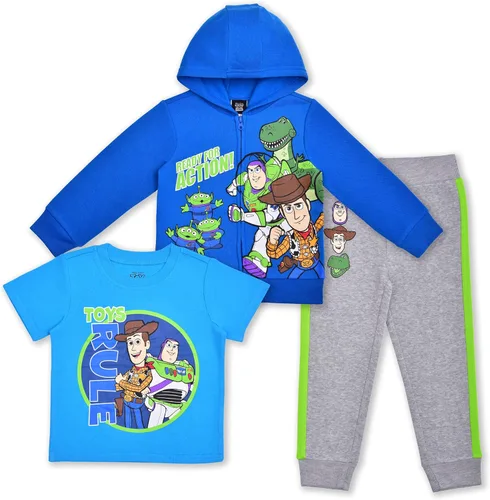 Disney Toy Story Boys T-Shirt, Zip Up Hoodie and Jogger Pants Set for Toddler and Little Kids GreenBlue