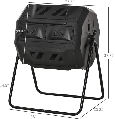 Vista 7 de Outsunny Cubo de compostaje giratorio para exteriores 360° de doble cámara, contenedor de compost de 43 galones, negro