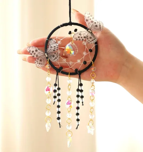 Vista 2 de Artilady Atrapasueños para niñas – Atrapasueños de mariposa pequeña negra con cristales, bonita decoración de habitación para adolescentes y niños