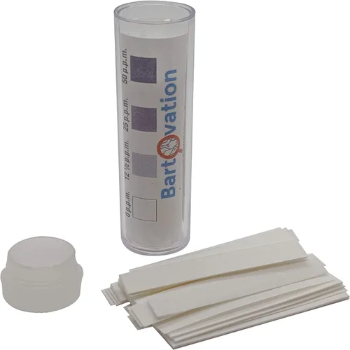 Vista 2 de Papel de prueba de yodo desinfectante para restaurantes, 0-50 ppm [Vial de 100 tiras de papel]
