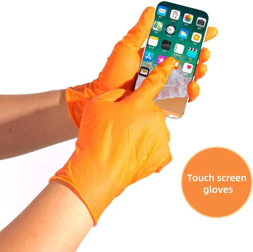 Vista 6 de LOGO Guantes desechables de nitrilo naranja-7.5mil Grip Diamond Textured Heavy Duty Automotive Mechanic compostable (50 piezas/caja)