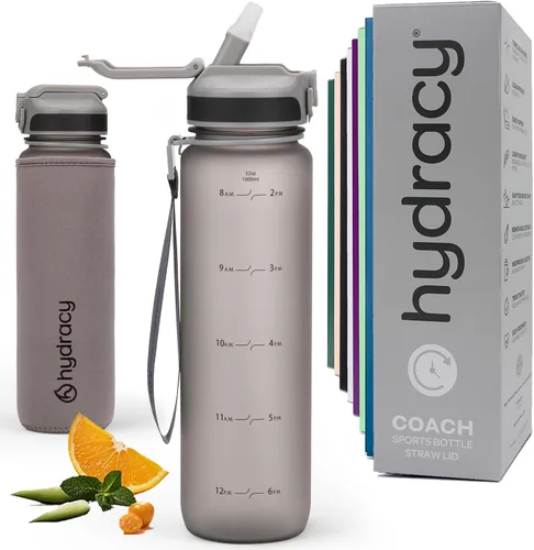 Vista 57 de Hydracy Botella de agua con horas para beber marcadas, grande, sin bisfenol A, a prueba de fugas, funda anticondensación, para gimnasio, con colador