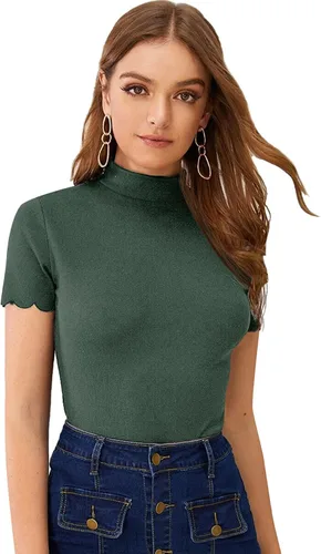 Vista 15 de SweatyRocks - Camiseta de manga corta con cuello alto, canalé y bordes envoltorio para mujer Beige