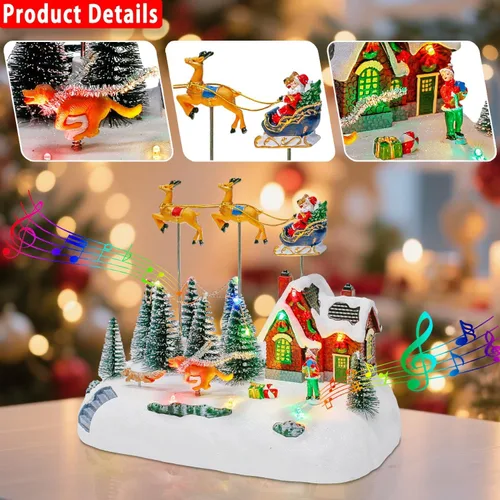 Vista 4 de innodept12 Aldea Navideña Animada con Trineo de Santa y Renos, Aldea de Casas Iluminadas con Luces LED y Figuras en Movimiento, Decoración Navideña