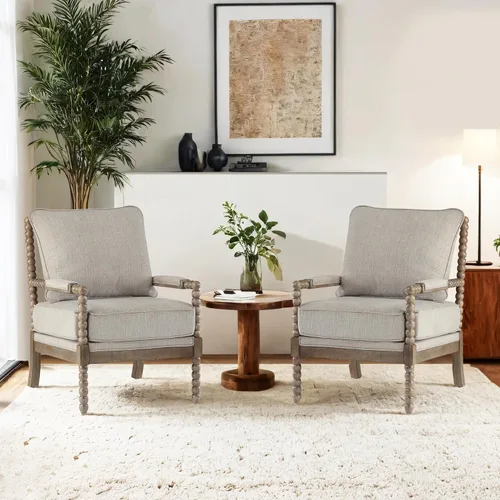 Vista 14 de DUHOME Silla decorativa de tela de lino con marco de madera, sillas de carrete de acento modernas con asiento de resorte acolchado y base azul