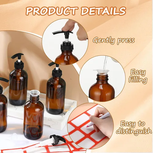 Vista 3 de Tanlade 24 botellas de bomba de vidrio de 8 onzas, botella vacía, dispensador de jabón de vidrio con bomba, recipientes recargables y embudos