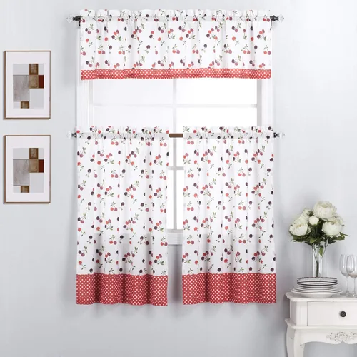 Vista 4 de Interior Trends Juego de 3 paneles de cortina y cenefa para ventana de cocina (juego de niveles de 36 pulgadas, flores de pájaro)