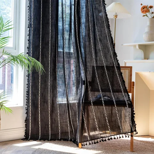 Vista 69 de Deeprove Cortina bohemia de 63 pulgadas de largo para dormitorio, sala de estar, lino de algodón con peso, bordado de rayas gris pardo, semiopacas