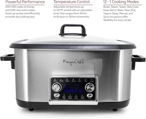 Vista 5 de MegaChef Cocina múltiple programable 12 en 1 de lujo de 8 cuartos de galón con Sous Vide y multifunción, pantalla digital, temperatura y tiempo