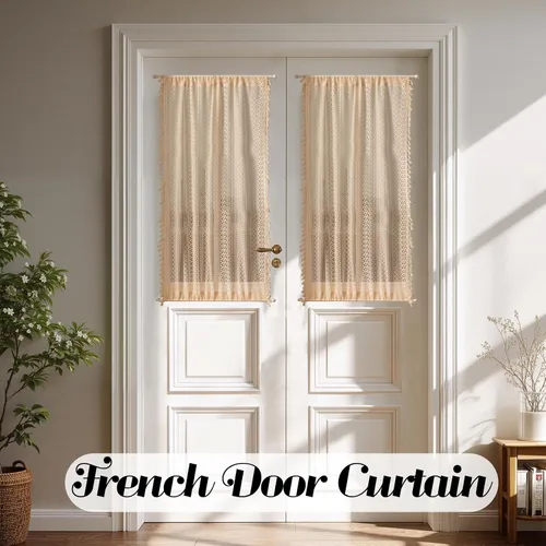 Vista 2 de Sutuo Home Cortinas de puerta beige para puerta de cristal y luces laterales, cortinas vintage elegantes con estampado de privacidad, cortinas