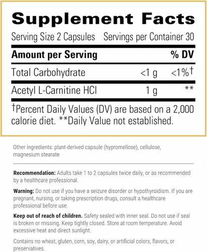 Vista 2 de Integrative Therapeutics Acetil L-Carnitina - Apoya la función mental* - Apoya la producción de energía celular* - Vegano - 60 Cápsulas