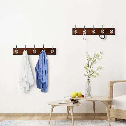 Vista 6 de Perchero de bambú para montaje en pared, 17 pulgadas 5 ganchos dobles, marrón oscuro