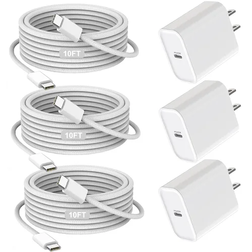 Vista 10 de Cargador rápido para iPhone 17/16/15, carga rápida extra larga de 10 pies, paquete de 3 bloques USB-C a USB C, cable de carga rápida para iPhone