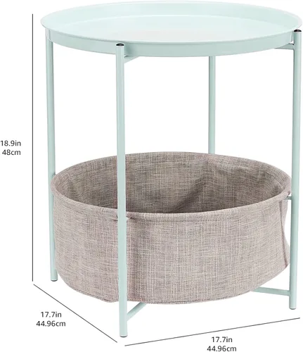 Vista 3 de Yaxa Basics Round Storage End Table, Side Table with Cloth Basket, Mint Green/Heather Gray, 18 in x 18 in x 19 in