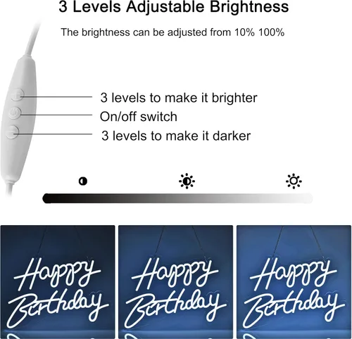 Vista 2 de Letrero de neón de feliz cumpleaños para decoración de pared, con interruptor regulable, letrero de luz de neón reutilizable para todas las Blanco