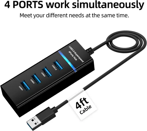 Vista 2 de Divisor USB 3.0 con cable de extensión de 4 pies de largo, extensor multipuerto ultrafino de 4 puertos para computadora de escritorio, laptop y más