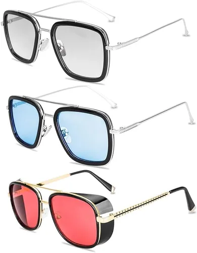Tony Stark - Gafas de sol estilo aviador retro, montura cuadrada de metal (Tony Stark del mismo color y Spiderman del mismo color), Tony Stark mismo