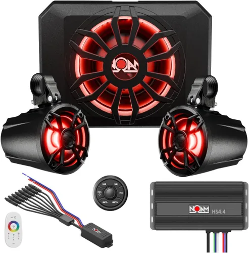 NOAM NUTV5-S V.2 - Kit de sistema estéreo marino ATV/carrito de golf/UTV - con 2 altavoces de torre de luz LED impermeables, subwoofer, controlador