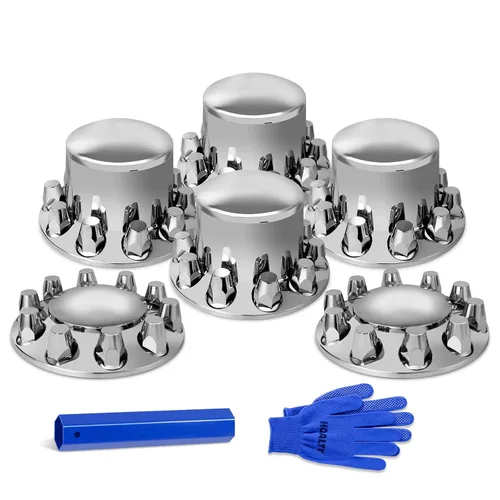 Vista 8 de Kit de cubierta de eje delantero de 2 cúpulas cromadas con cubiertas de tuerca de lengüeta de rosca de 32 mm/33 mm con tapas de buje removibles