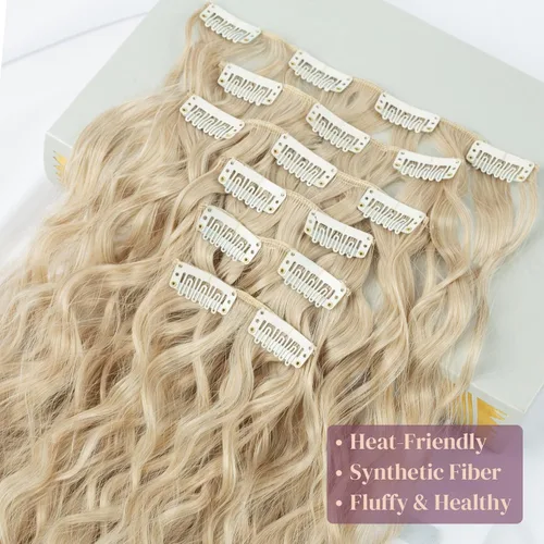 Vista 3 de LONAI - Extensiones de cabello con clip, 6 piezas, rizadas, de 24" de largo, sintéticas, para mujer, color rubio ceniza natural