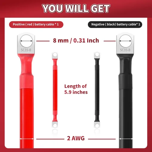 Vista 2 de Cable de batería de 2 AWG, 2 unidades, cables de batería de 5.9 pulgadas con terminales de anillo M8, cables de batería marinos de cobre puro, cable