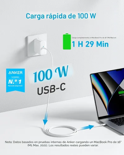 Vista 2 de Anker Laptop Charger, Compact Foldable 100W USB C Charger with 5FT Cable Blanco ártico