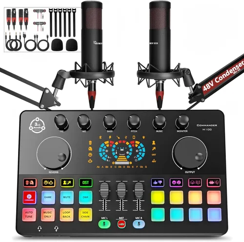 Vista 10 de Paquete de equipos de podcast para 2, interfaz de audio con micrófono de condensador, cambio de voz, mezclador de DJ para transmisión, grabación