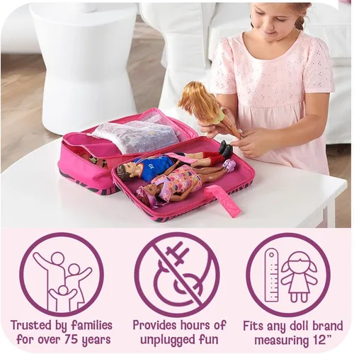 Vista 3 de Badger Basket Elegante estuche de viaje para muñecas de moda de 12 pulgadas, solución de almacenamiento con bolsillos para accesorios de muñeca, lo