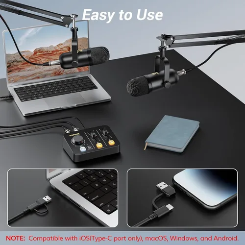 Vista 2 de TONOR Paquete de equipo de podcast para 2, mezclador de audio con micrófono dinámico y juego de brazo de brazo, micrófono XLR con interfaz de audio