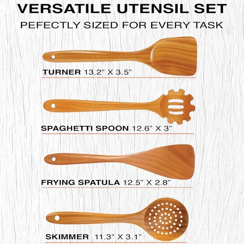 Vista 6 de Juego de utensilios de madera de teca extra grandes de 4 piezas, espátula de madera antiadherente para cocinar, cuchara espumadera y cuchara