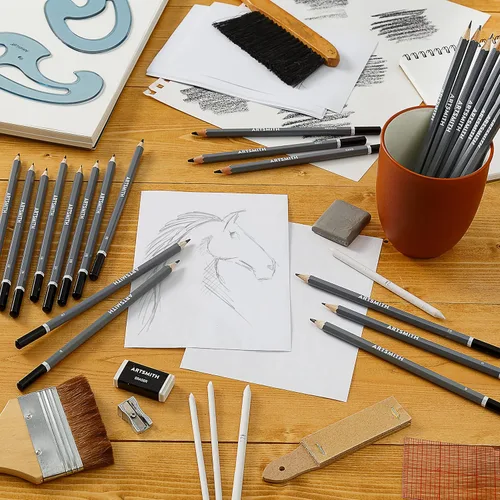 Vista 3 de Kit de dibujo de 60 piezas Lápices de dibujo de grafito para bocetos con suministros de arte de carbón Juego de dibujo profesional para artistas