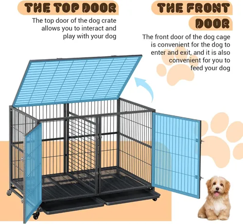 Vista 5 de Jaula para perros resistente de 48 pulgadas, para interiores con ruedas bloqueables y bandeja extraíble, jaula indestructible a prueba de fugas
